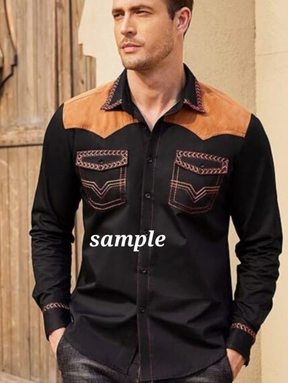 Coofandy Men's Green Button-Down Shirt with Tan Yoke and Contrast Stitching
